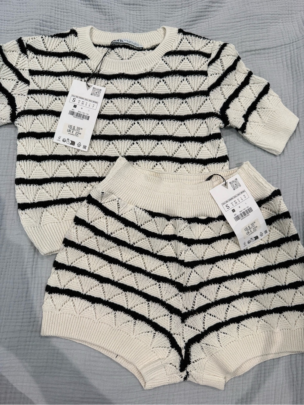 Cream & Black Striped Knit Shorts Set